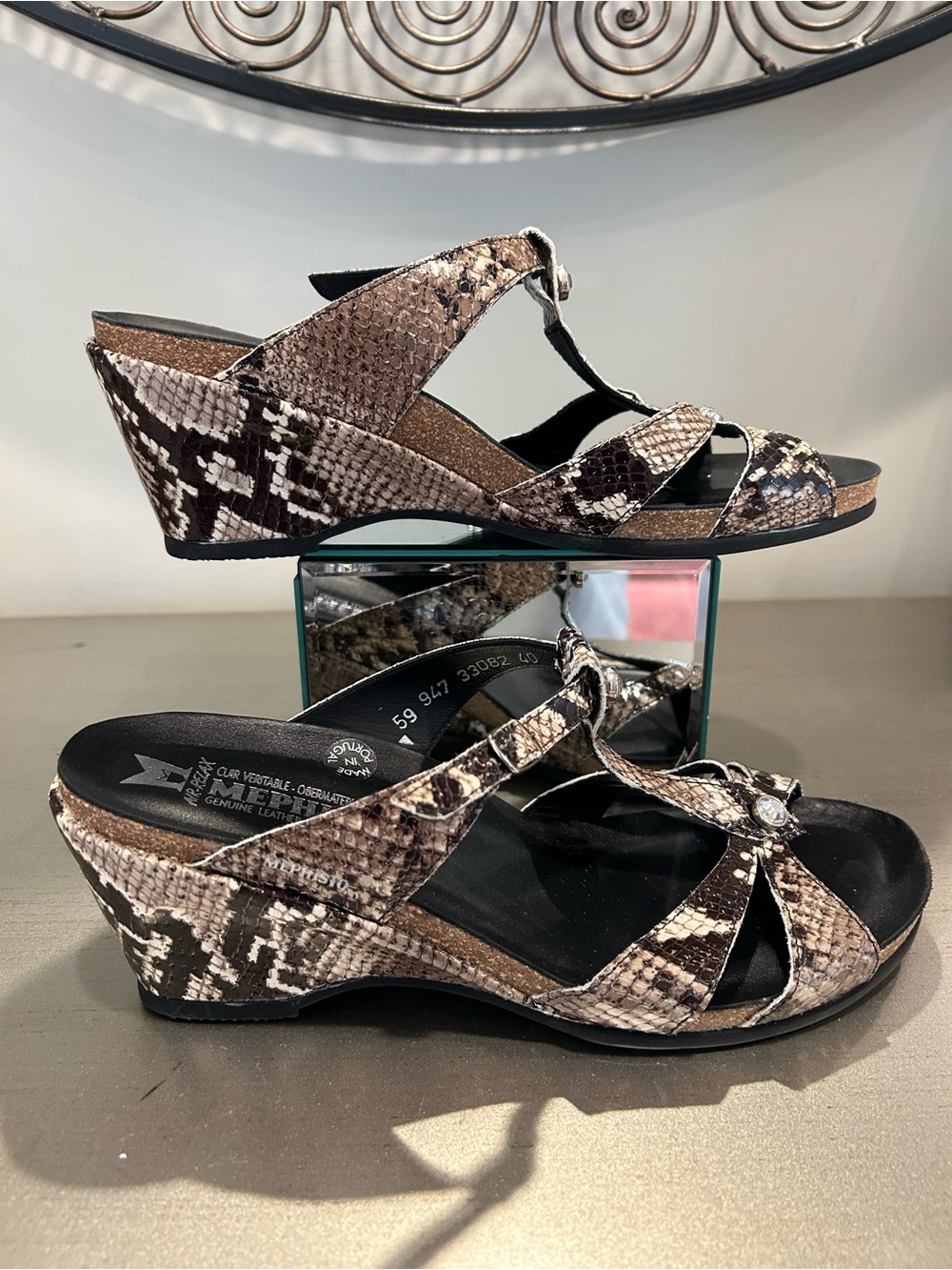Mephisto Brown Snake-Print Wedge Sandals size 9